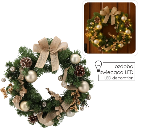 Coroniță de Crăciun cu 15 LED, 40 cm, aurie