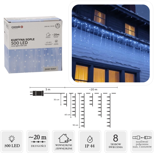 Perdea luminoasă tip țurțuri 500 LED alb rece 23 m