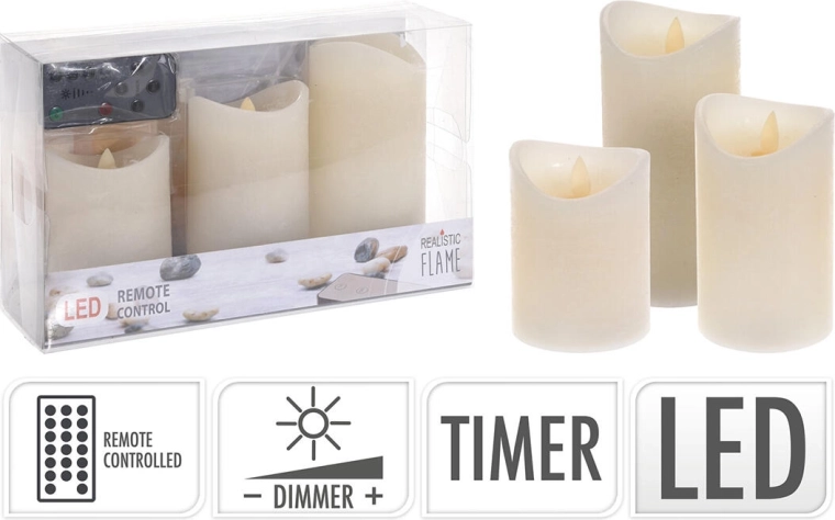 Set de lumânări LED cu telecomandă și temporizator, ivoire (3 buc.)