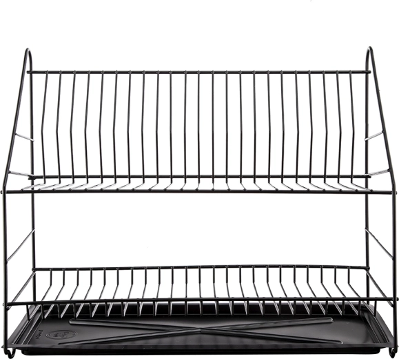 Suport de uscare pentru vase cu 2 niveluri, 50 cm, negru, cu tavă de scurgere