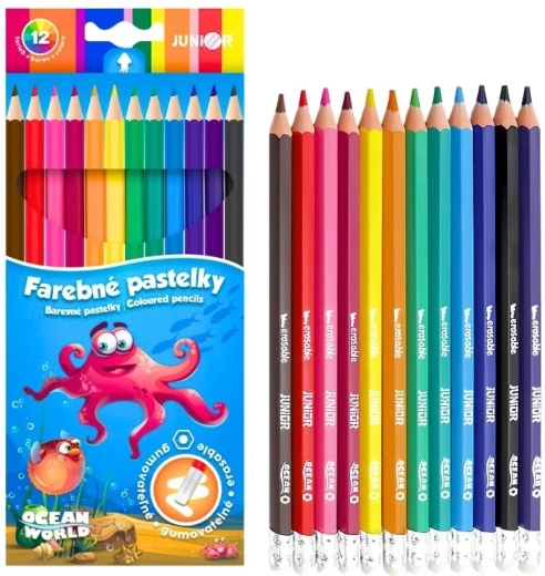 Creioane colorate hexagonale ștergibile Junior Ocean World, set de 12 buc.