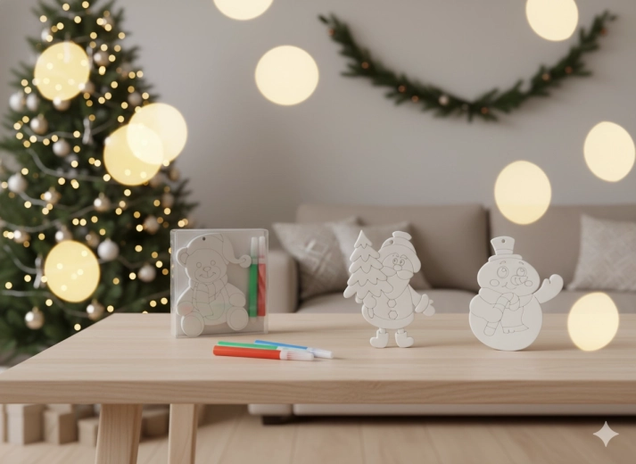 Set de ornamente de Crăciun de colorat cu 4 markere – om de zăpadă, ursuleț și Moș Crăciun