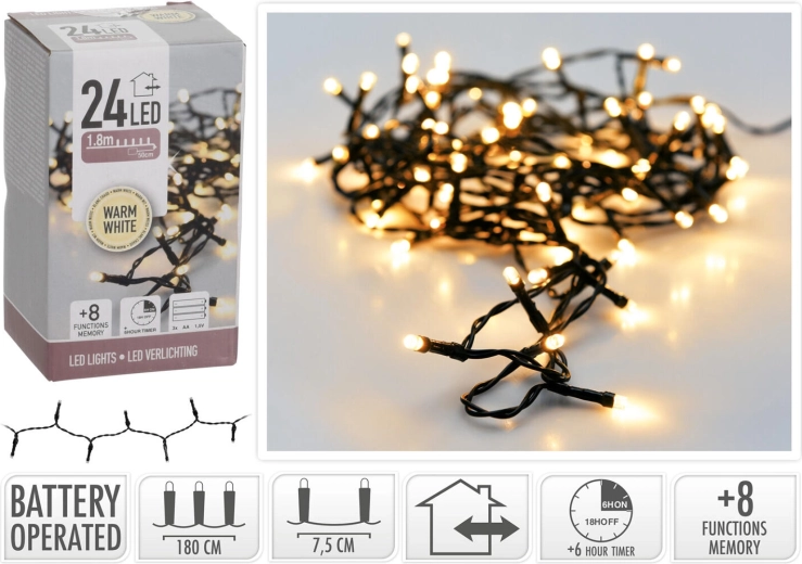 Iluminat LED de Crăciun 1,8 m, 24 LED, alb cald, 8 funcții cu temporizator