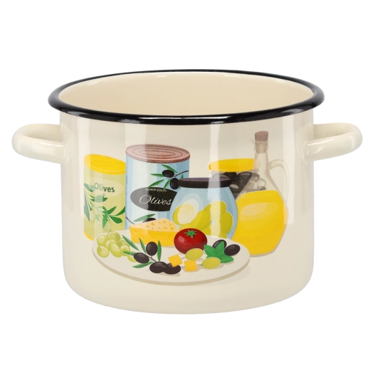 Oală emailată de 4,5 l, 20 cm, crem, cu motiv de măsline