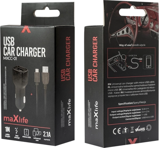 Încărcător auto Maxlife 2,1 A cu microUSB, negru