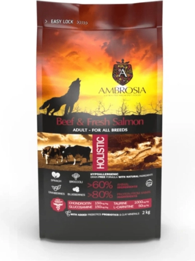 Ambrosia granule pentru câini cu carne de vită și somon proaspăt 2 kg