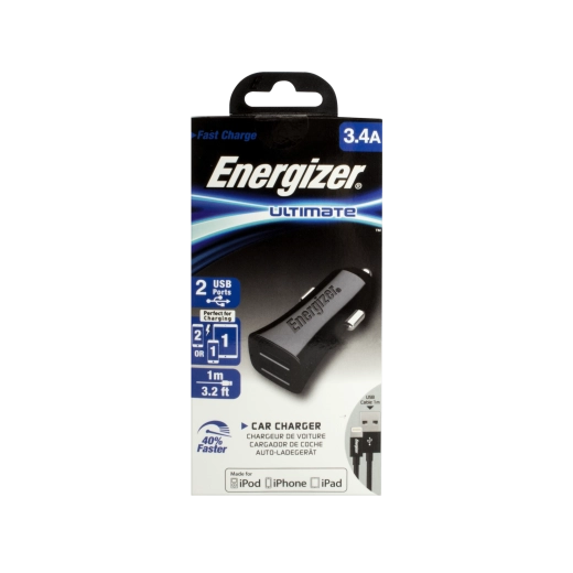 Adaptor auto Energizer 3,4 A cu două USB, negru