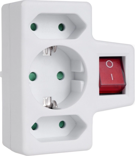 Adaptor de priză 1× Schuko și 2× Euro cu întrerupător, 3680 W