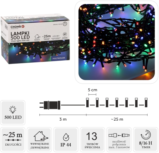 Șir luminos LED 500 diode multicolor 28 m (25 m parte luminoasă) pentru utilizare la interior și exterior - 1 bucată