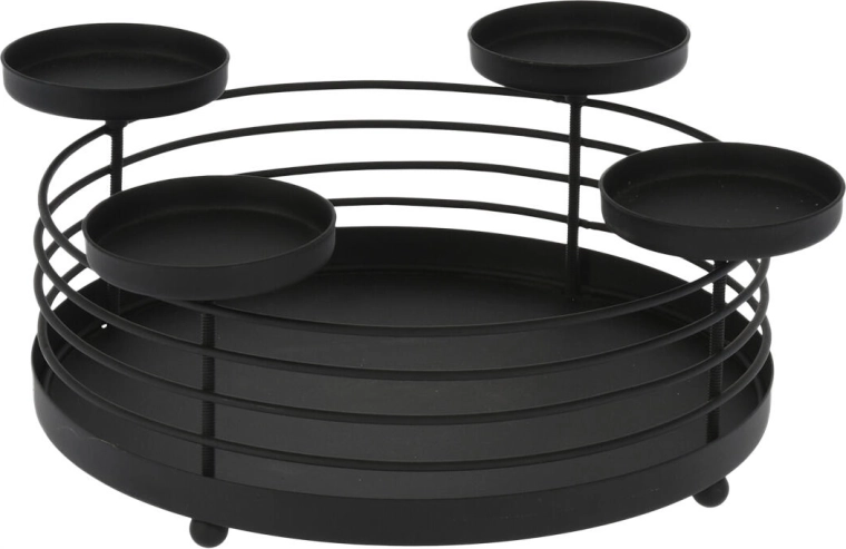 Sfeșnic rotund metalic pentru 4 lumânări, negru, diametru 32 cm
