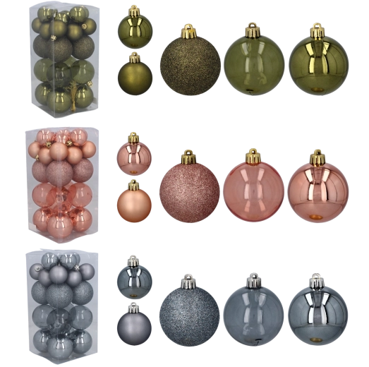 Set de 27 ornamente de Crăciun în culori măsliniu, cupru și grafit