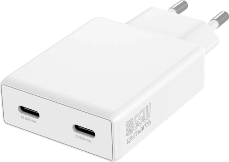 Încărcător de rețea PDPlug 65W GaN cu două USB‑C, alb