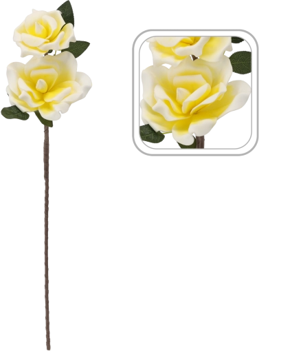 Trandafir decorativ artificial cu 2 flori, 72 cm, galben