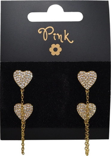 Cercei atârnători placati cu aur cu inimă dublă și zirconii