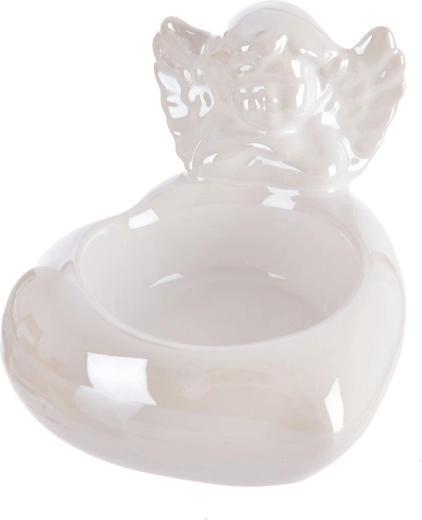 Sfeșnic ceramic înger alb cu efect sidefat