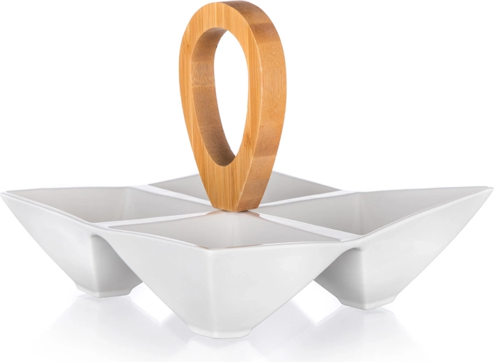 Bol de servire compartimentat din porțelan cu mâner din bambus BRILLANTE 21 × 21 × 17,5 cm