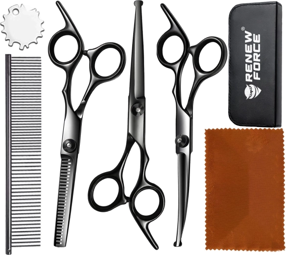 RENEW FORCE set profesional de grooming cu foarfeci pentru animale, cu pieptene și husă
