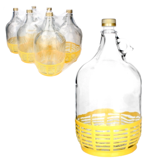 Damigeană din sticlă 5 l cu toartă și coș din plastic