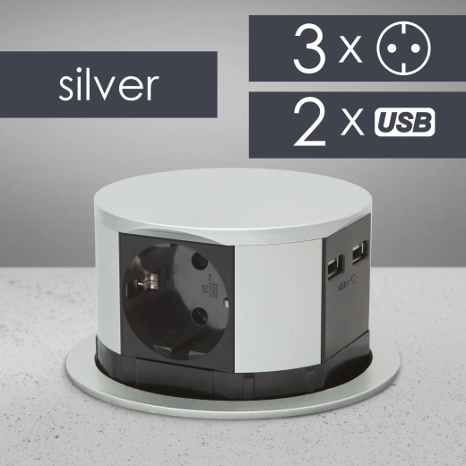 Priză retractabilă încastrabilă cu 3 prize, USB-A și USB-C
