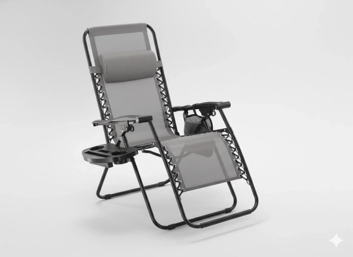 Șezlong pliabil de grădină cu măsuță, buzunar și perniță – gri