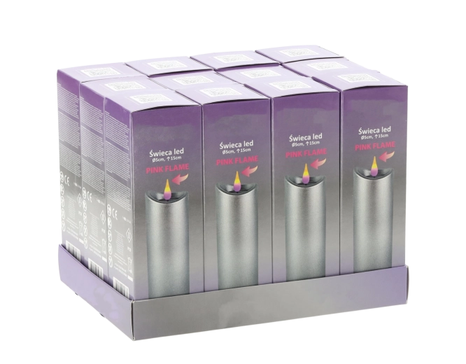 Lumânare LED 5 × 15 cm cu suprafață argintie și flacără roz