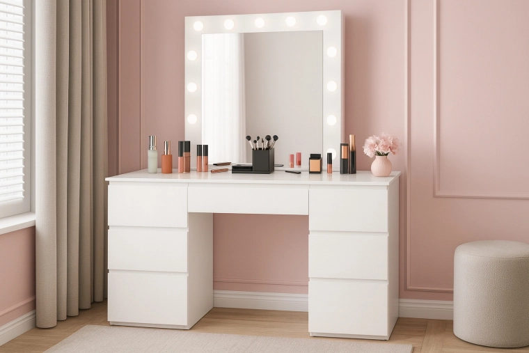 Măsuță de toaletă cosmetică albă cu oglindă LED și 7 sertare