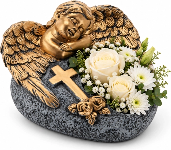 Ghiveci de cimitir din ciment, cu înger, gri închis-auriu, 16 × 17,5 × 11 cm