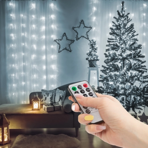 Perdea luminoasă cu 100 de micro LED-uri, lumină albă rece, 3 × 1 m, cu telecomandă