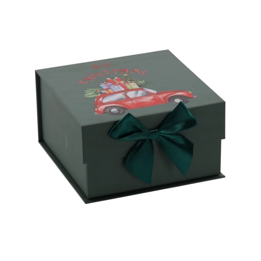 Cutie cadou de Crăciun cu motiv auto și fundă verde 20 × 20 × 11 cm - 1 bucată