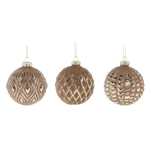 Globuri de Crăciun din sticlă 8 cm maro cu ornamente aurii, set 12 buc