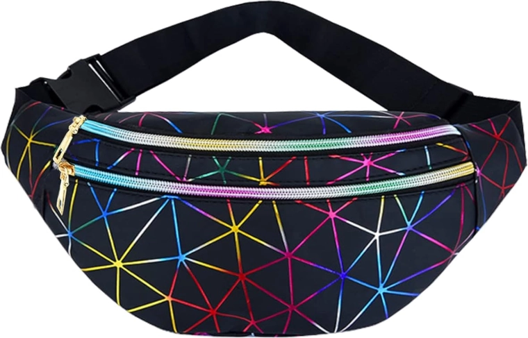 Borsetă unisex cu model geometric holografic, 3 buzunare, curea reglabilă