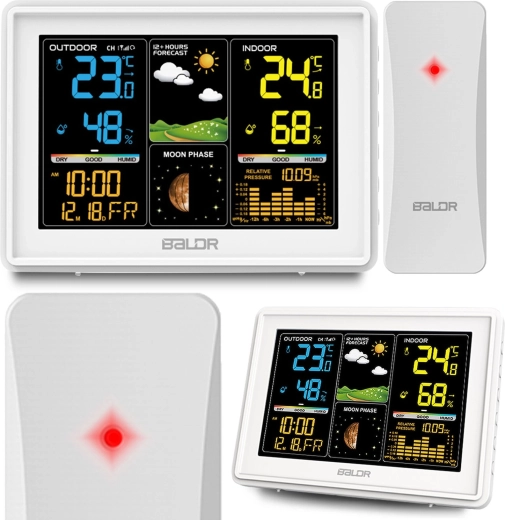 Stație meteo albă, wireless, cu ecran color și DCF77