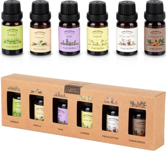 Set cadou de uleiuri esențiale 6×10 ml – bambus, vanilie, salvie, iasomie, bumbac proaspăt, lemn de santal