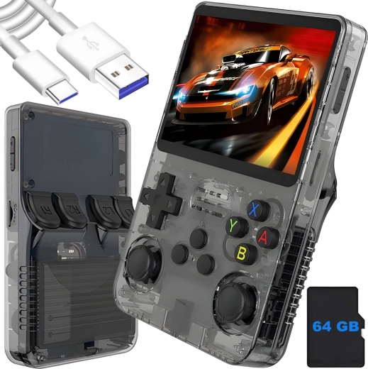 Consolă portabilă retro Renew Force R36S neagră 64 GB cu ArkOS 2.0