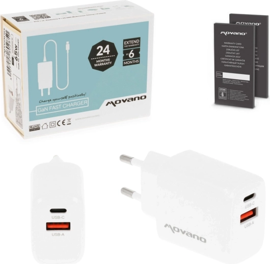 Încărcător Movano GaN 30 W USB-C PD + USB-A alb - 1 bucată