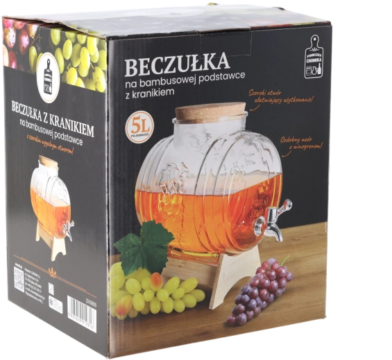 Beczułka dozator de băuturi din sticlă Winogrono 5 l cu suport din bambus