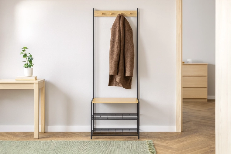 Organizare 2‑în‑1: cuier, bancă și raft pentru pantofi