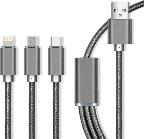 Cablu Maxlife din nailon 3‑în‑1 cu încărcare rapidă 2,1 A – Lightning/USB‑C/microUSB, gri