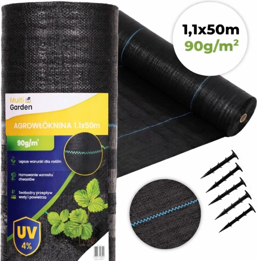Textilă anti-buruieni rezistentă la UV 90 g/m², 1,1 × 50 m cu țăruși, MultiGarden