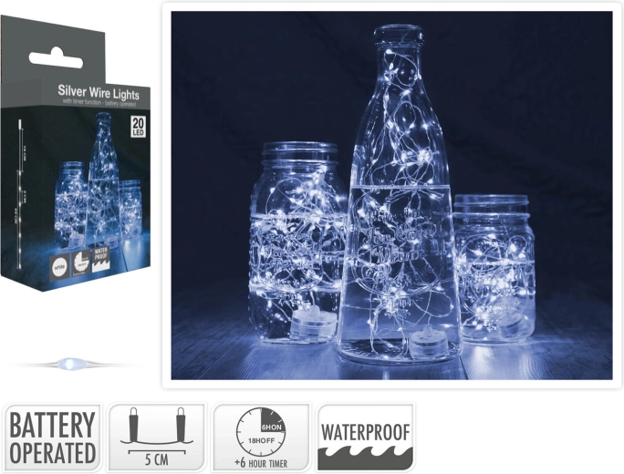 Șir luminos 1,3 m, 20 LED alb rece, rezistent la apă cu temporizator