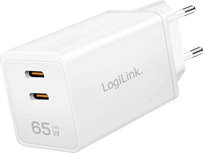 Încărcător de priză LOGILINK 65W cu 2× USB‑C, alb