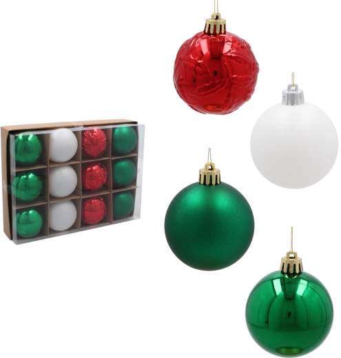 Set de globuri de Crăciun 6 cm – roșii, verzi și albe, indestructibile, 12 buc
