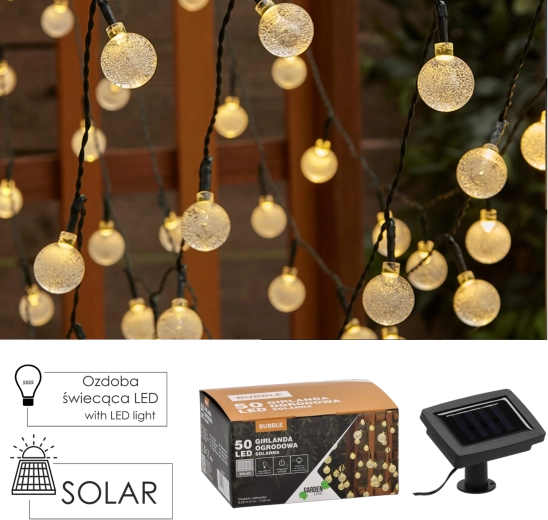 Șir luminos solar pentru grădină Bubble, 50 LED, alb cald, 9,35 m