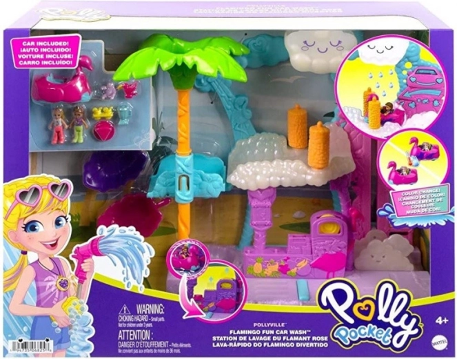 Polly Pocket Spălătorie Flamingo – set de joacă cu mașină care își schimbă culoarea
