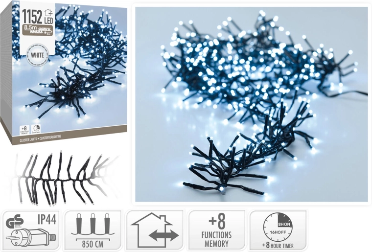 Ghirlandă LED de Crăciun 8,5 m, alb rece, 1152 LED-uri, 8 funcții cu temporizator