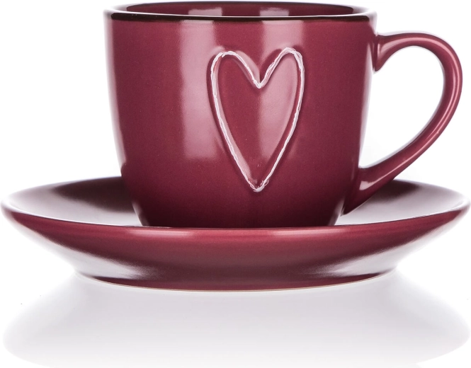 Cană din ceramică cu farfurioară 260 ml HEART, bordo