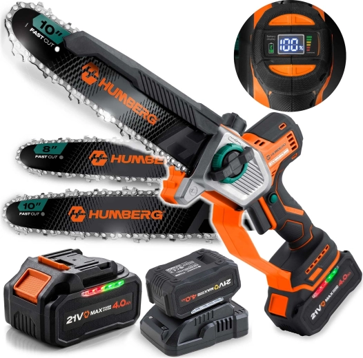 Mini drujbă cu lanț pe acumulator Humberg 21 V 4,0 Ah cu șine de ghidaj 8" și 10"