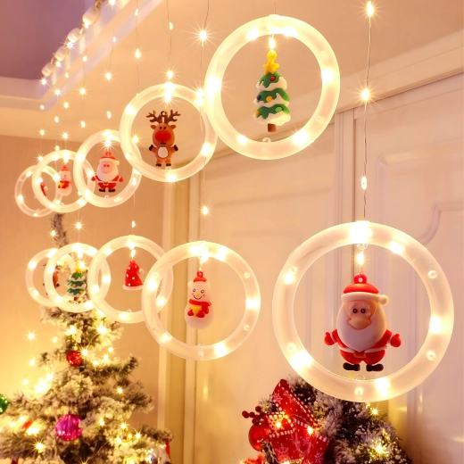Perdea luminoasă LED cu inele și figurine de Crăciun - 1 bucată
