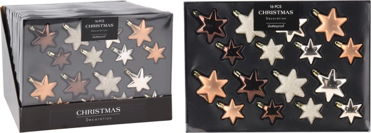 Globuri de Crăciun stea – mix maro‑auriu, 16 buc