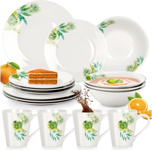 Set de masă din porțelan cu motiv vegetal tropical, 16 piese